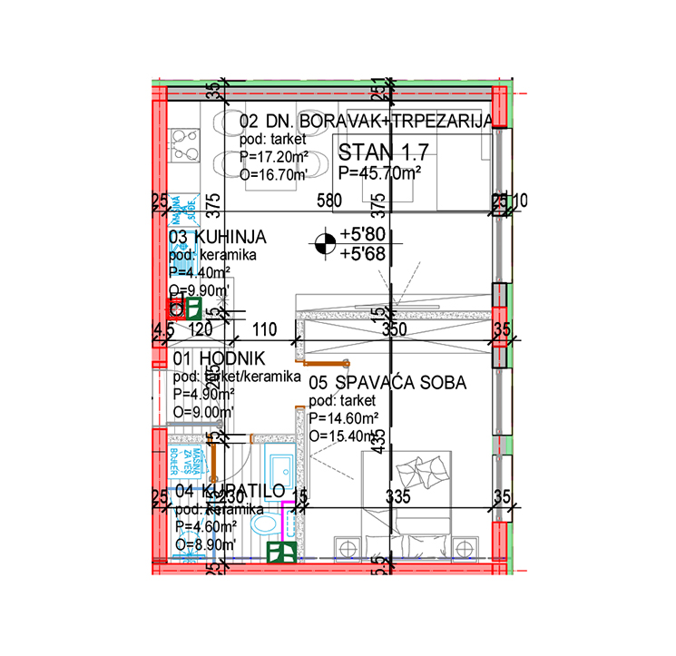 Tlocrt Family G - dvosoban stan, 45,70 m2