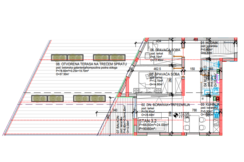 Tlocrt Family J - trosoban stan, 90,60 m2