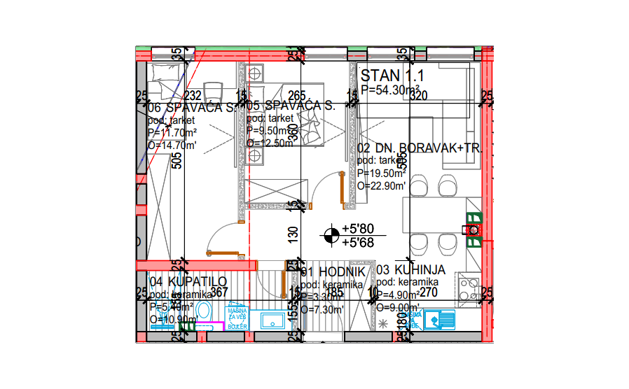 Tlocrt Family A - trosoban stan, 54,30 m2