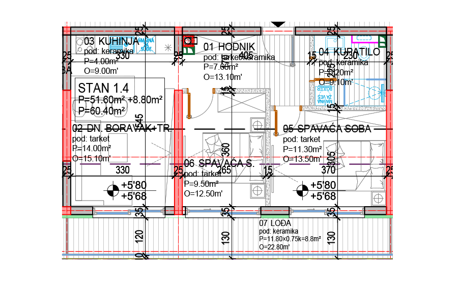 Tlocrt Family D - trosoban stan, 60,40 m2