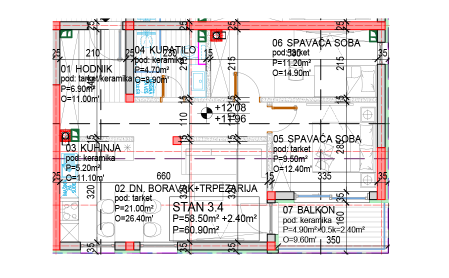 Tlocrt Family L - trosoban stan, 60,90 m2