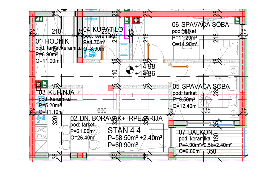 Tlocrt Family R - trosoban stan, 60,90 m2