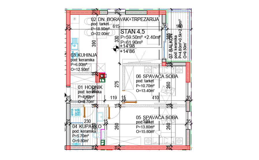 Tlocrt Family S - trosoban stan, 61,90 m2