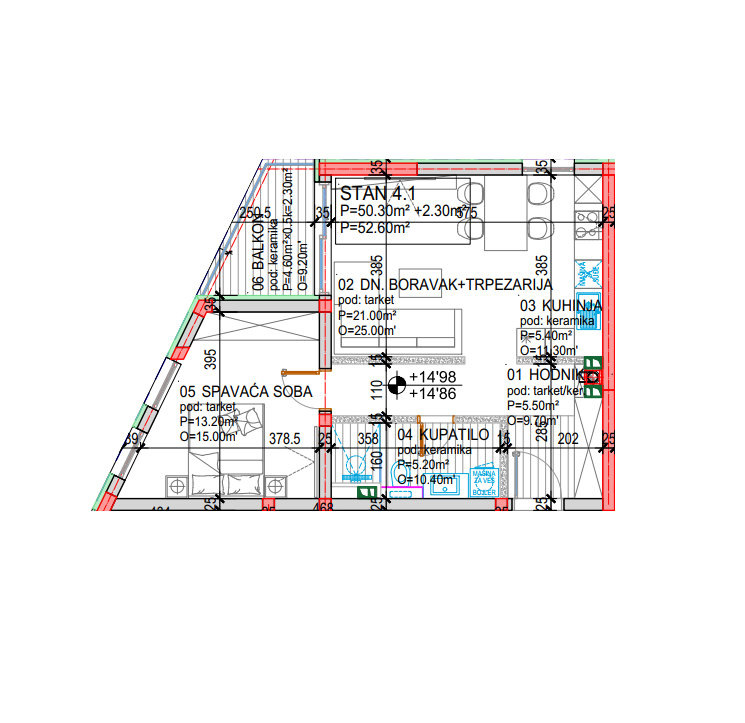 Tlocrt Family N - dvosoban stan, 52,60 m2