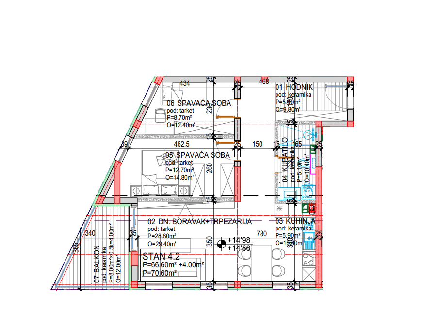 Tlocrt Family O - trosoban stan, 70,60 m2