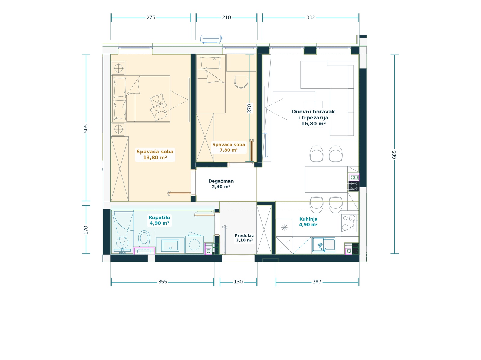Kataloški prikaz tlocrta stana 1.1, Family A, 53,70 m² neto, Bulevar Family.