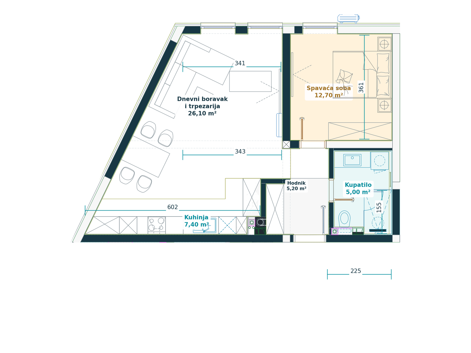 Kataloški prikaz tlocrta stana 1.2, Family B, 56,40 m² neto, Bulevar Family.
