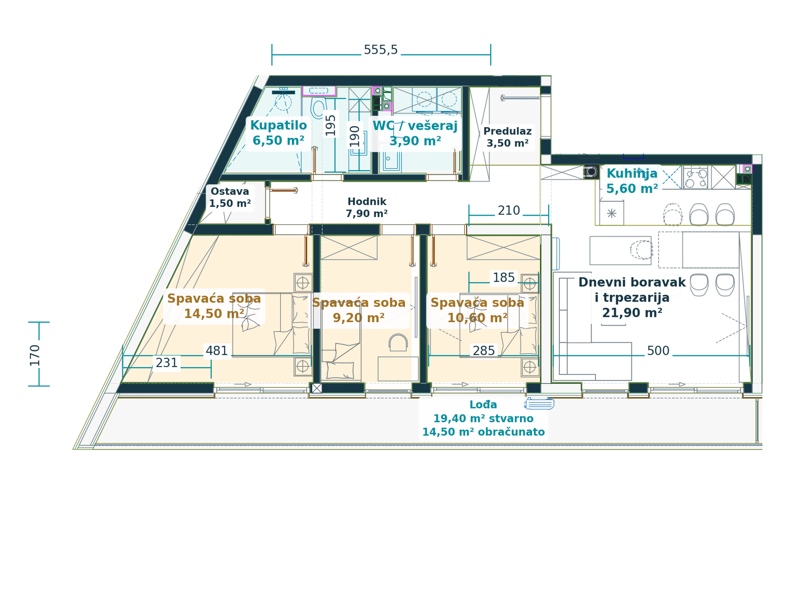 Kataloški prikaz tlocrta stana 1.3, Family C, 99,60 m² neto, Bulevar Family.