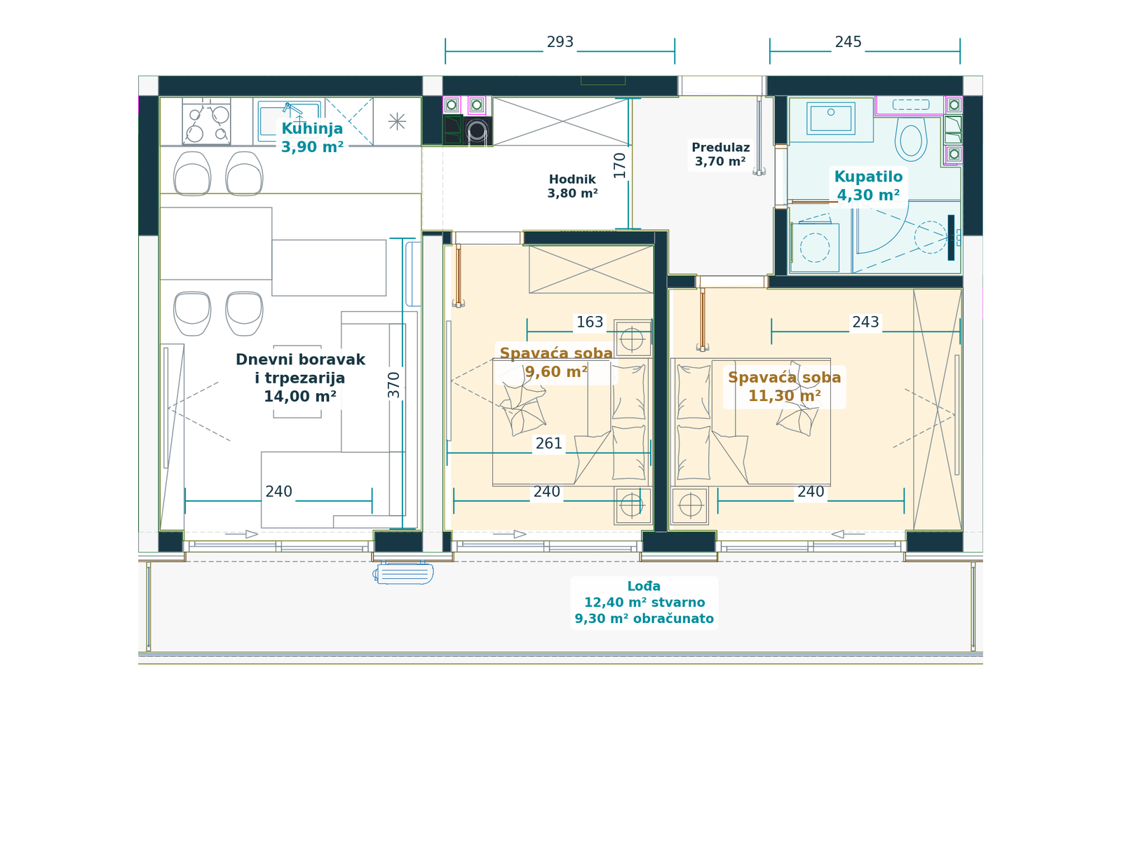 Kataloški prikaz tlocrta stana 1.4, Family D, 59,90 m² neto, Bulevar Family.