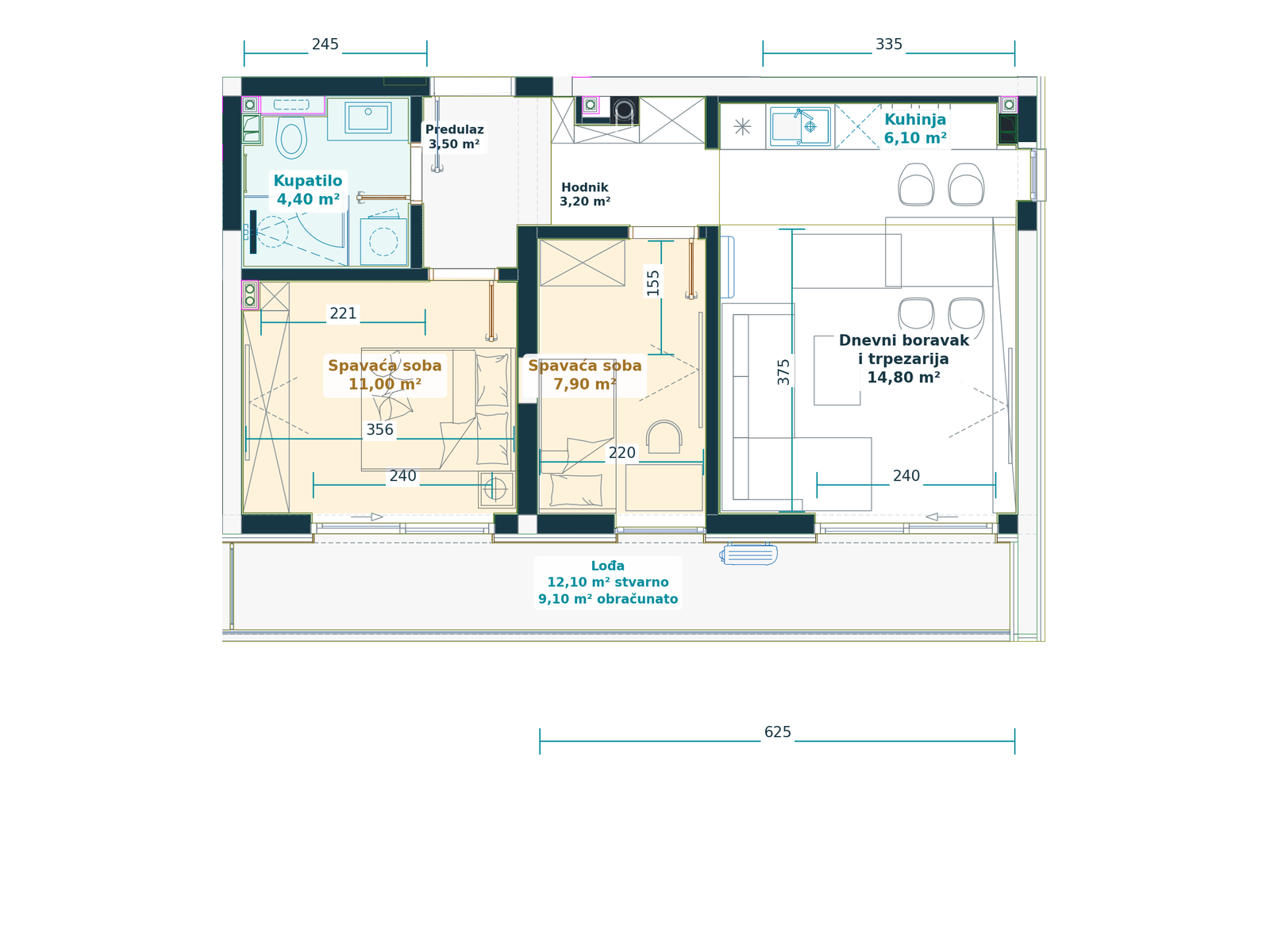 Kataloški prikaz tlocrta stana 1.5, Family E, 60,00 m² neto, Bulevar Family.