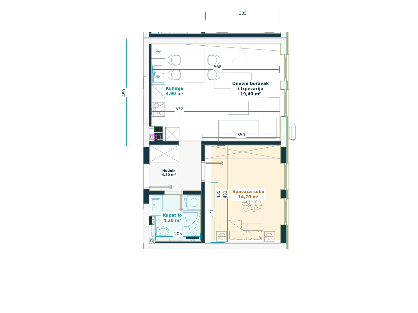 Kataloški prikaz tlocrta stana 1.6, Family F, 48,00 m² neto, Bulevar Family.