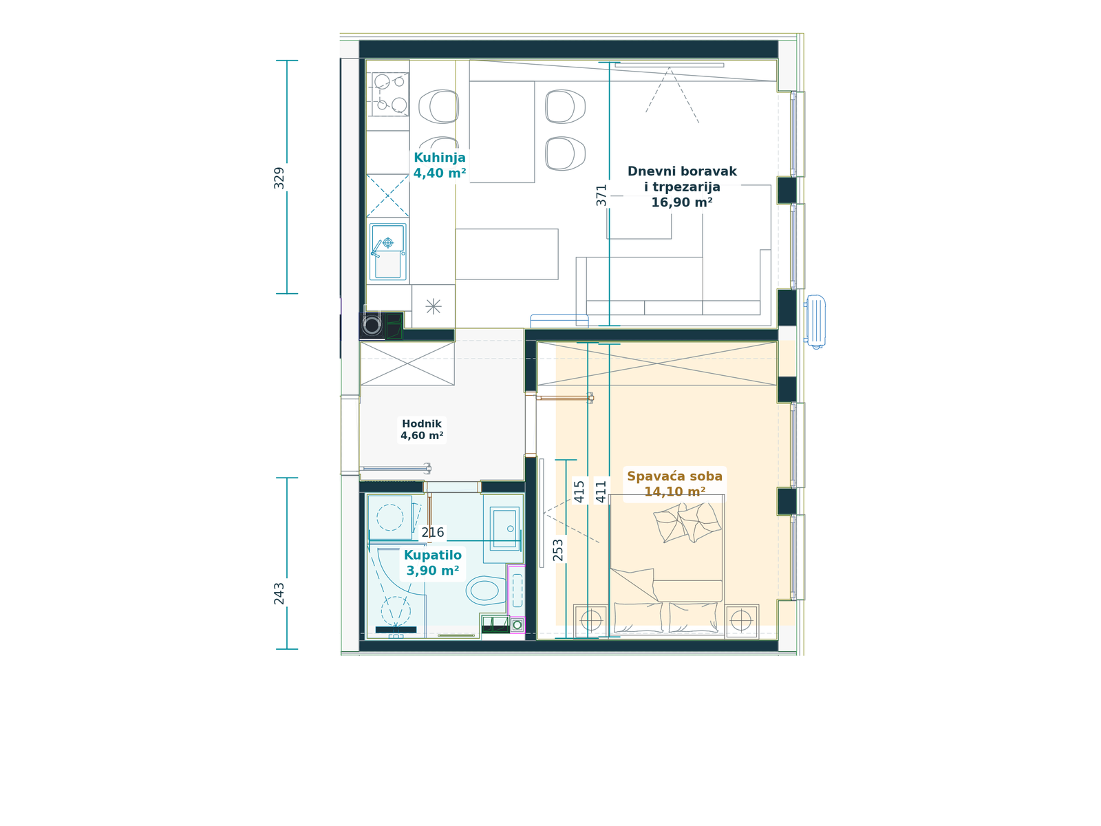 Kataloški prikaz tlocrta stana 1.7, Family G, 43,90 m² neto, Bulevar Family.