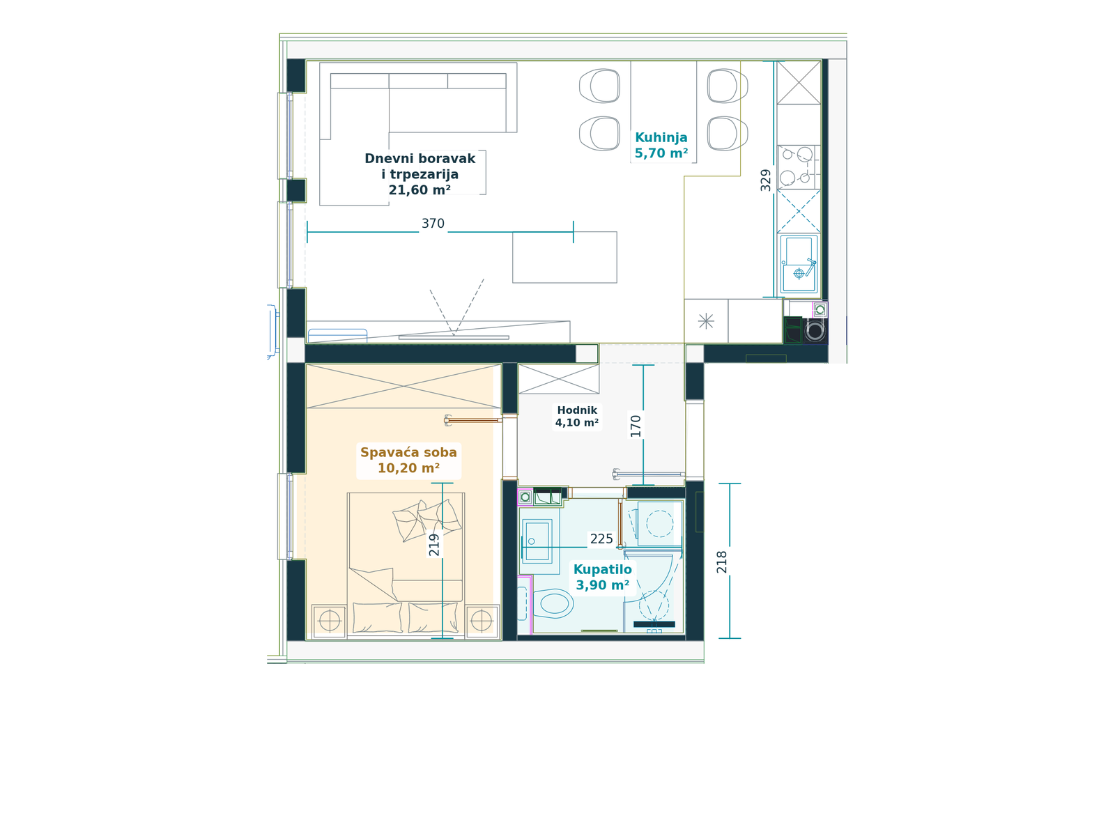 Kataloški prikaz tlocrta stana 1.8, Family H, 45,50 m² neto, Bulevar Family.