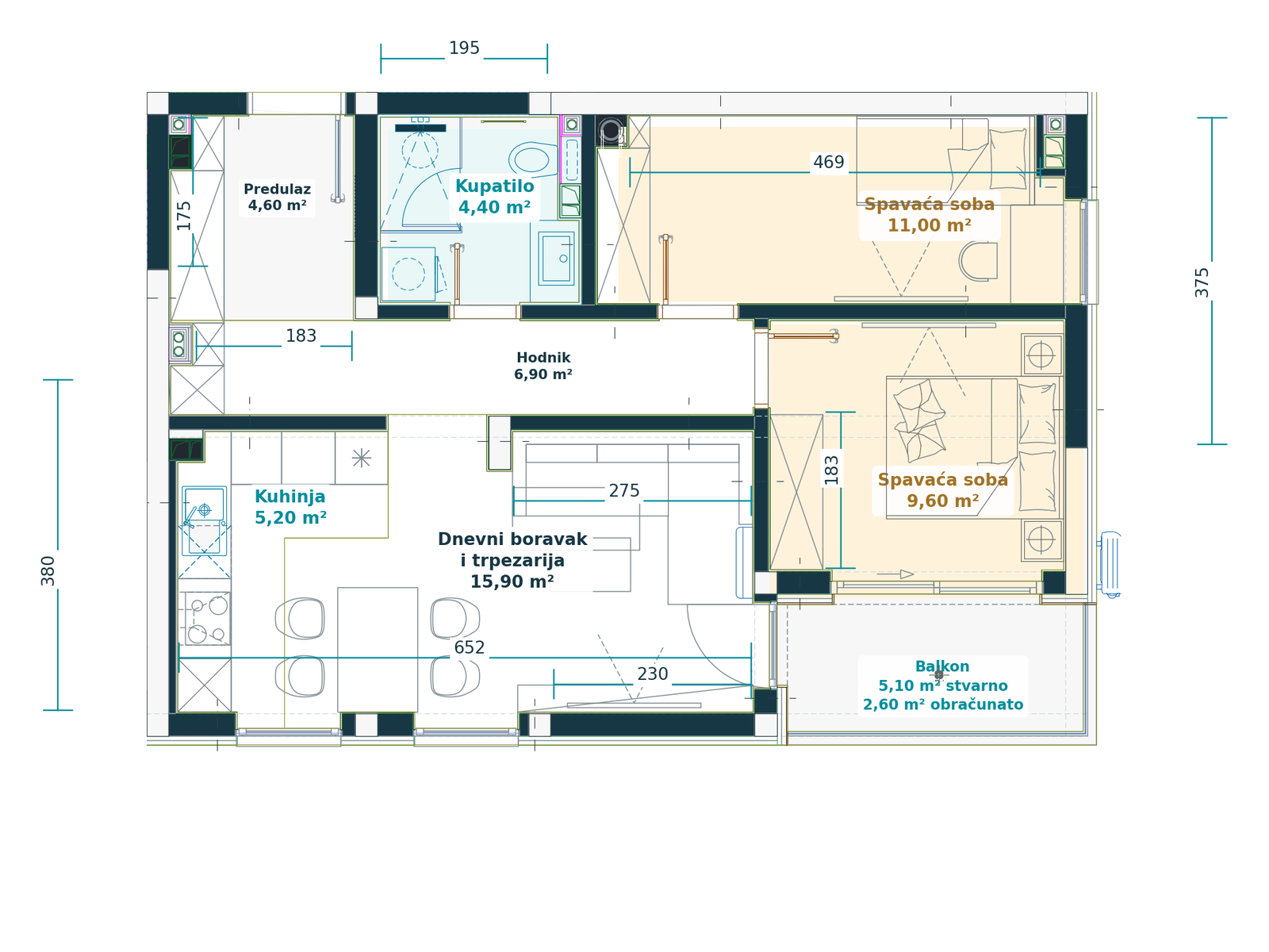 Kataloški prikaz tlocrta stana 3.4, Family L, 60,20 m² neto, Bulevar Family.