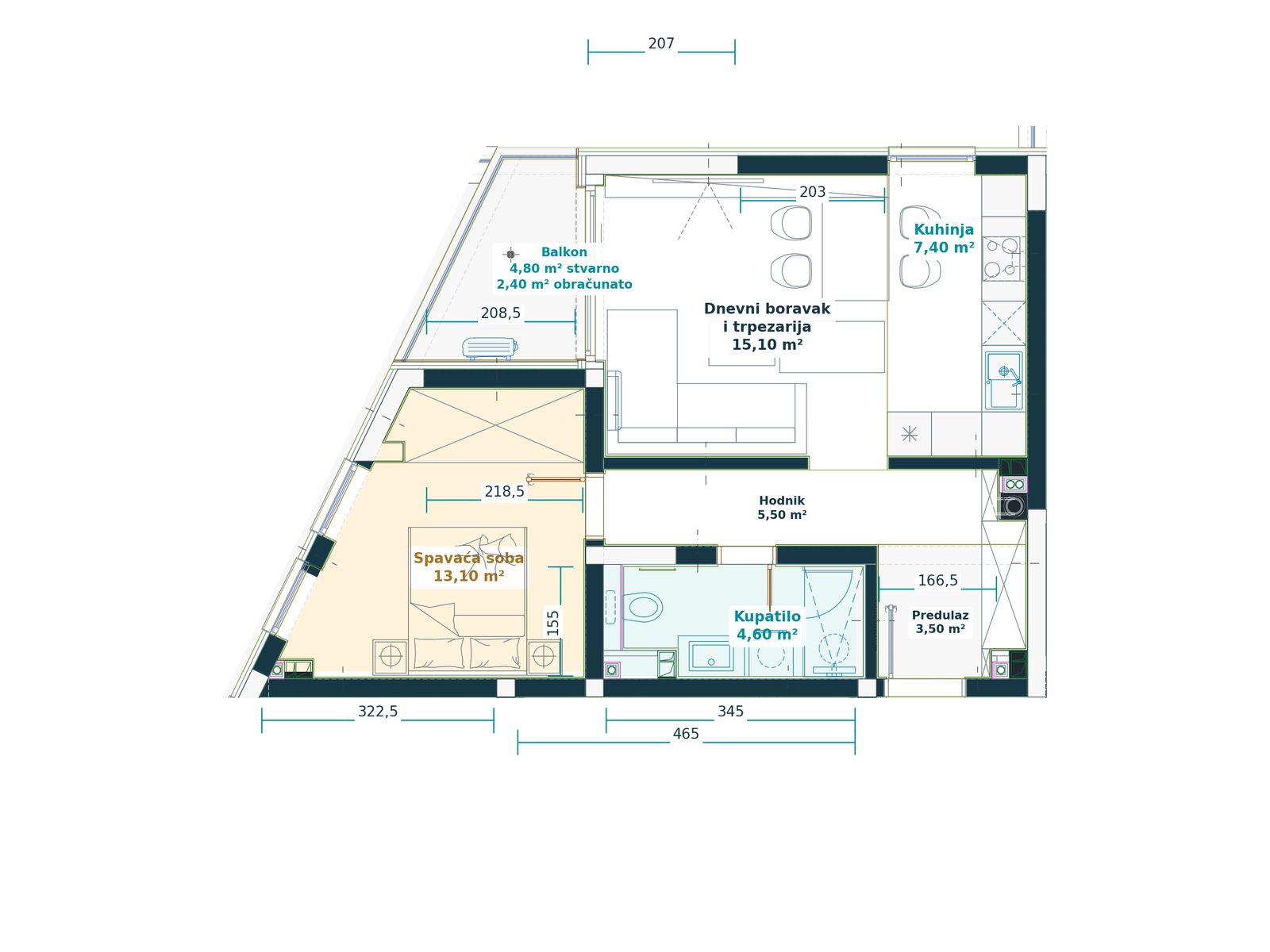 Kataloški prikaz tlocrta stana 4.1, Family N, 51,60 m² neto, Bulevar Family.