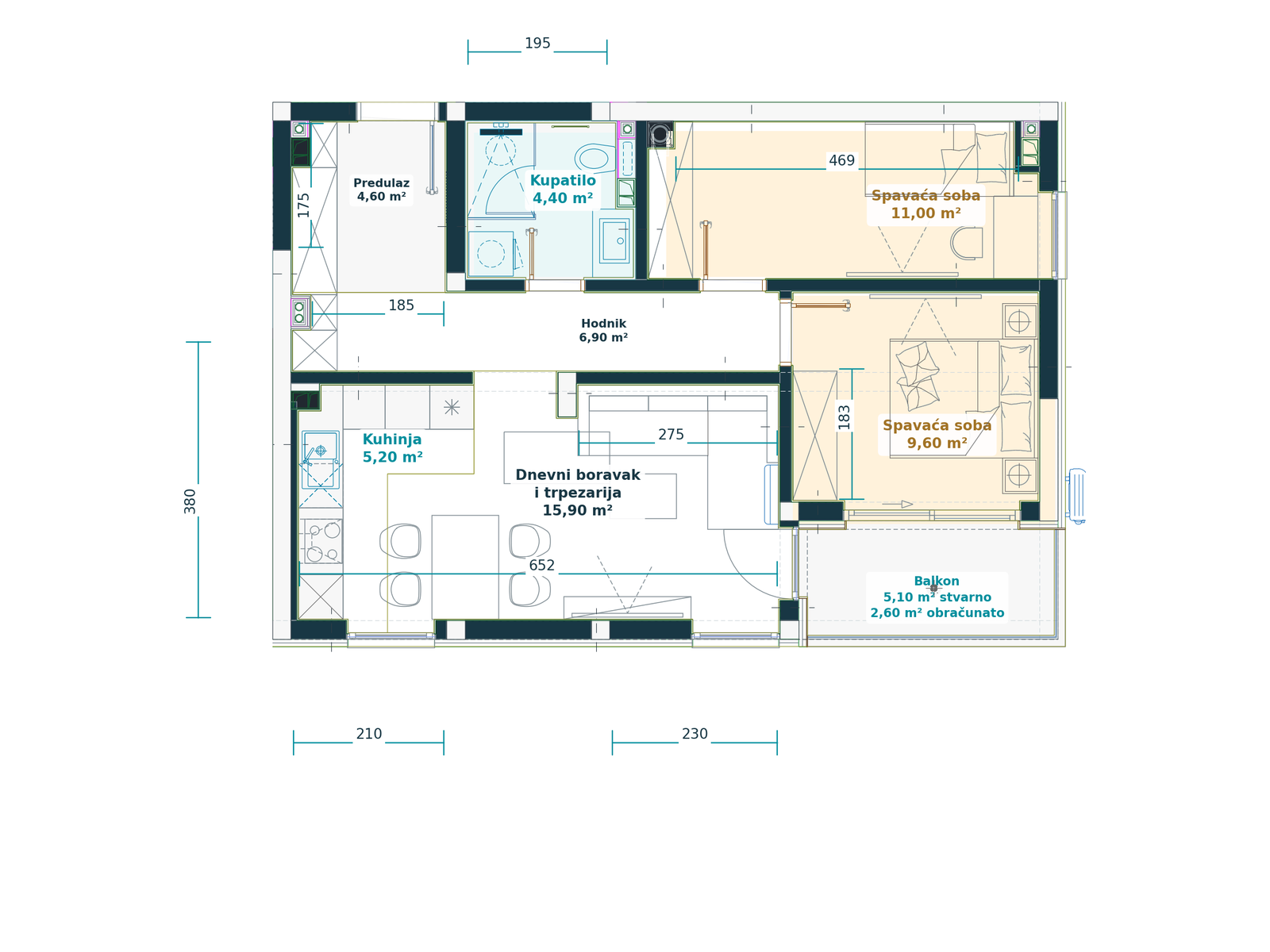 Kataloški prikaz tlocrta stana 4.4, Family R, 60,20 m² neto, Bulevar Family.
